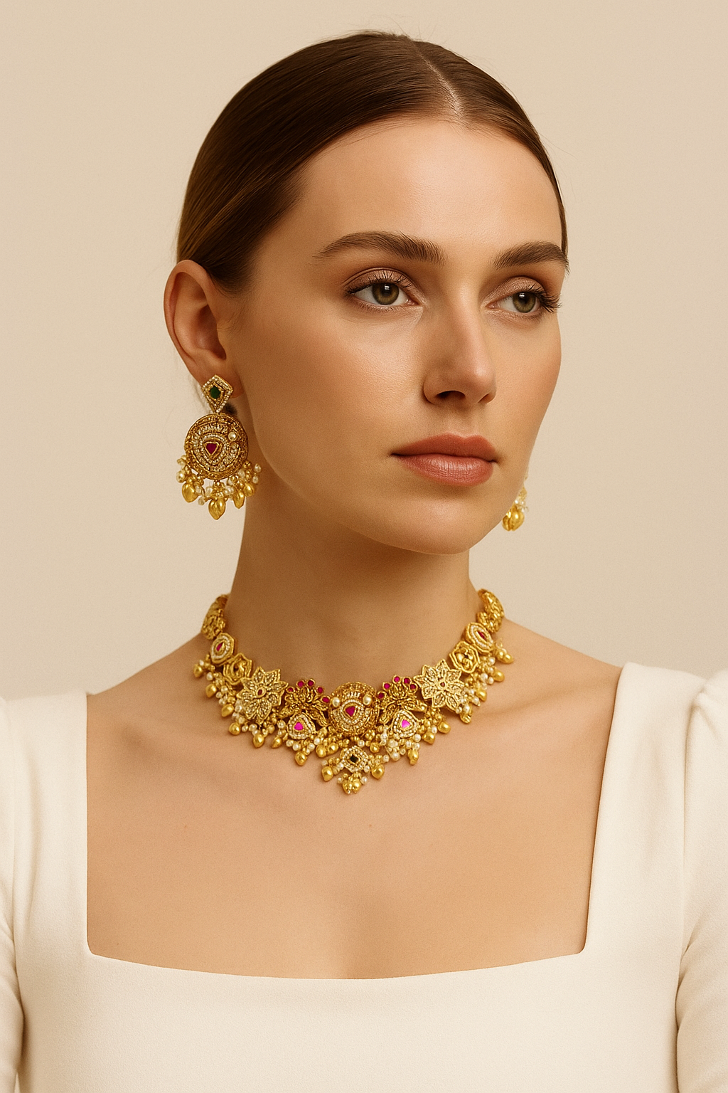 Antique Gold Temple Necklace Set – Ruby & Emerald Kundan Design with Pearls